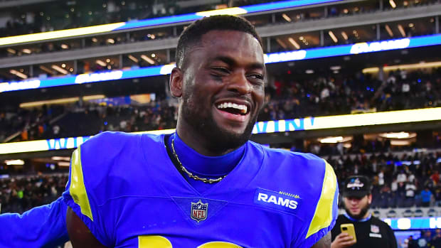 Rams receiver Van Jefferson celebrates a victory.